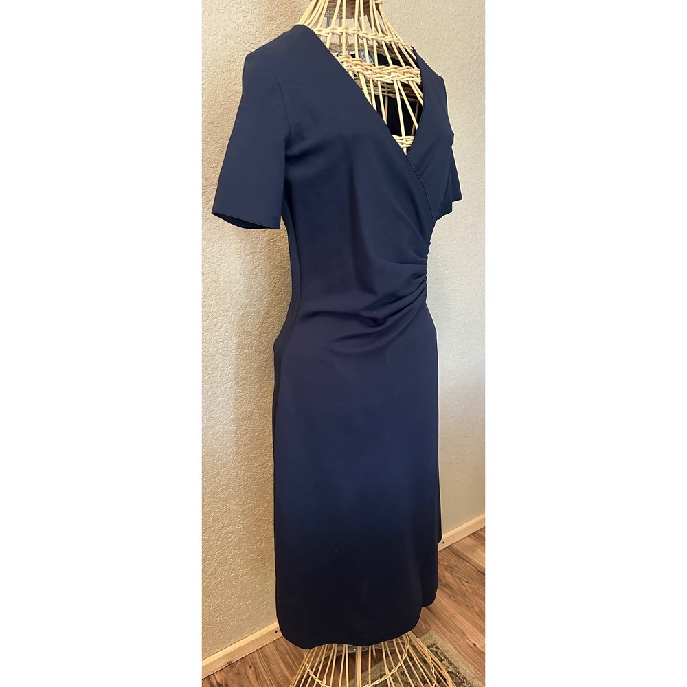 Armani Collezioni Navy Blue Faux Wrap Ruched Sheath Dress Made in Italy 4 Luxe - Picture 4 of 16